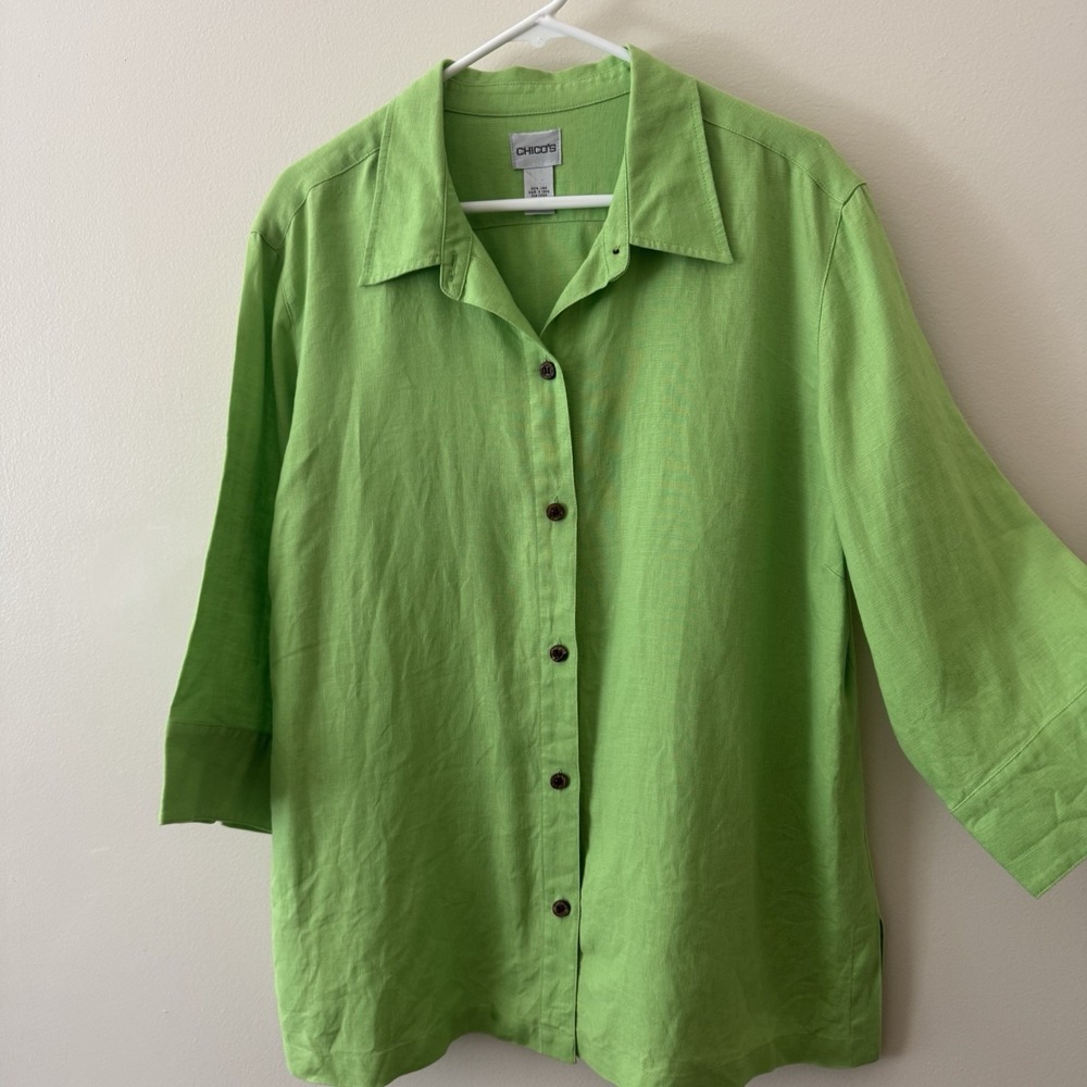 Chicos Lime 100% Linen Top Womens 3 (16/XL) Button Up Collared 3/4 Sleeve Shirt